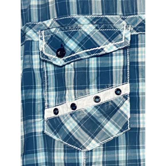 Austin Season Men's Embroidered Blue Plaid Long Sleeve Button Up Western Shirt L - Picture 4 of 14